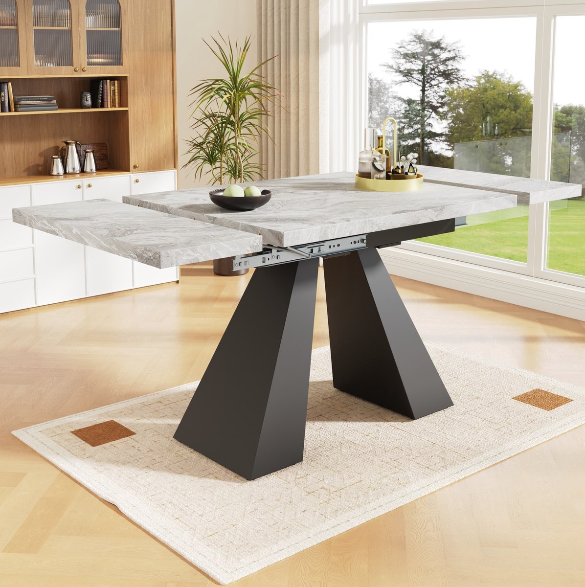 MEUNIQ uitrekbare eettafel 99-159 x 74 x 77 cm met MDF tafelblad in marmerlook en metalen onderstel voor eetkamer, woonkamer en thuiskantoor