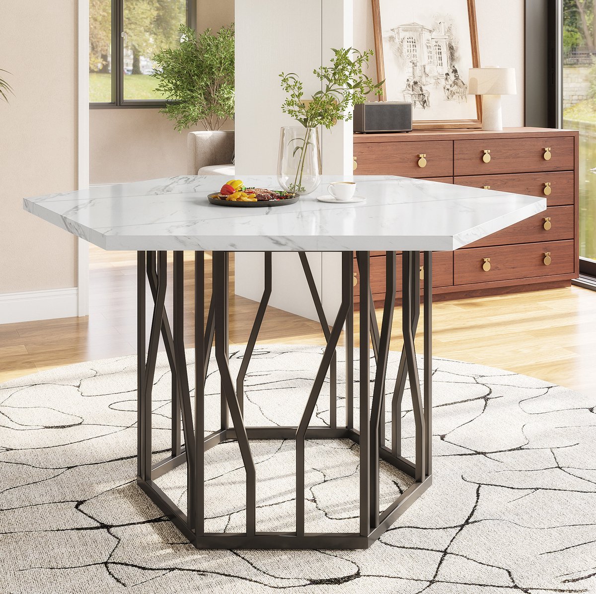MEUNIQ Hexagonale eettafel 115,5 x 100 x 75 cm met marmerlook MDF tafelblad en zwart metalen onderstel, moderne tafel voor eetkamer of woonkamer, zwart en wit