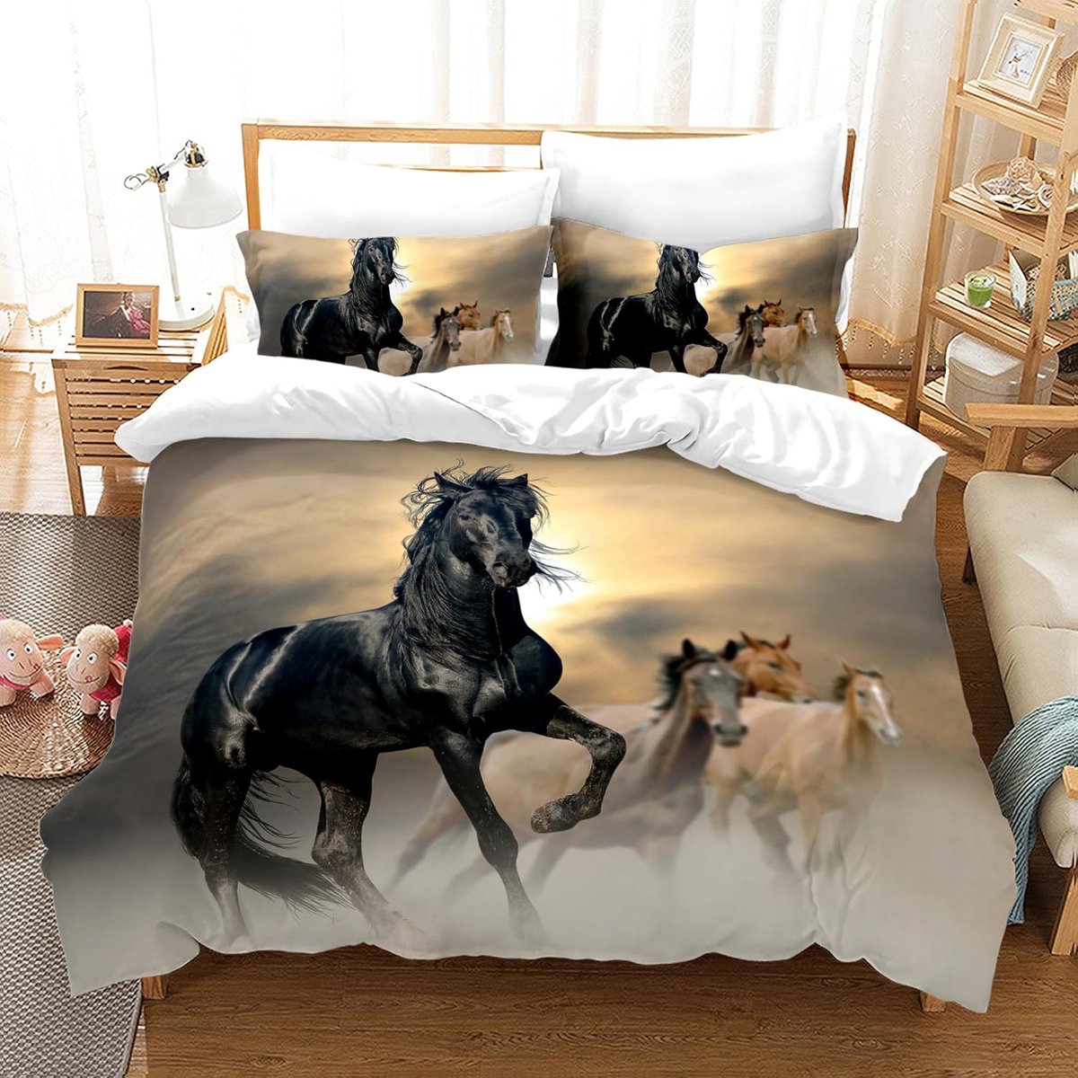 SnelShoppen - Horse Duvet Cover Set 220 x 240 cm - Microfibre Dekbedovertrek met Rits en Paardenprint - Inclusief 1 Dekbedovertrek en 2 Hoofdkussenslo