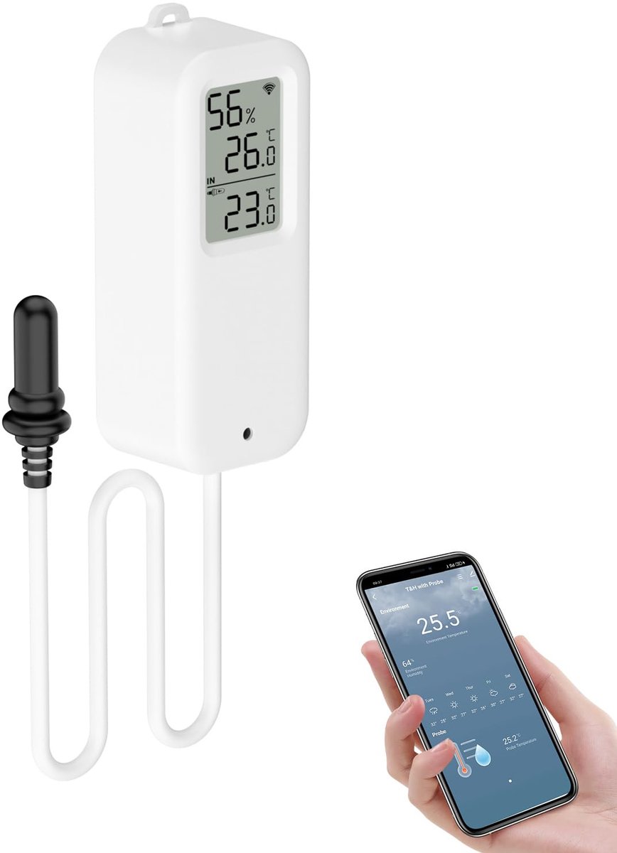SnelShoppen - Wifi Thermometer Hygrometer - Smart Koelkastthermometer met App-Monitor, Gegevens Exporteren °F/°C, Binnen en Buiten, Ideaal voor Broeik