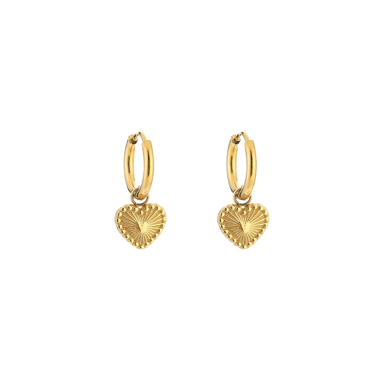 Stainless Steel Sunburst Heart Charm Huggie Hoops – Luxe Hartje Oorringen – RVS - Goud