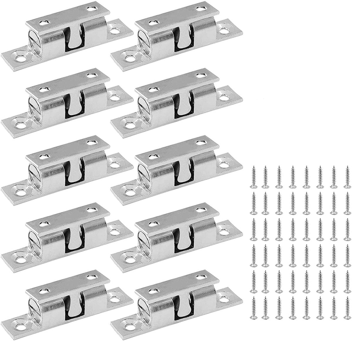 10 dubbele kogeldeurstoppers - 50 mm - Kastdeurstoppers - Deurstopper met veer en magneet - Kliksysteem - Verstelbaar - Inclusief schroeven - 10 stuks - Zilver