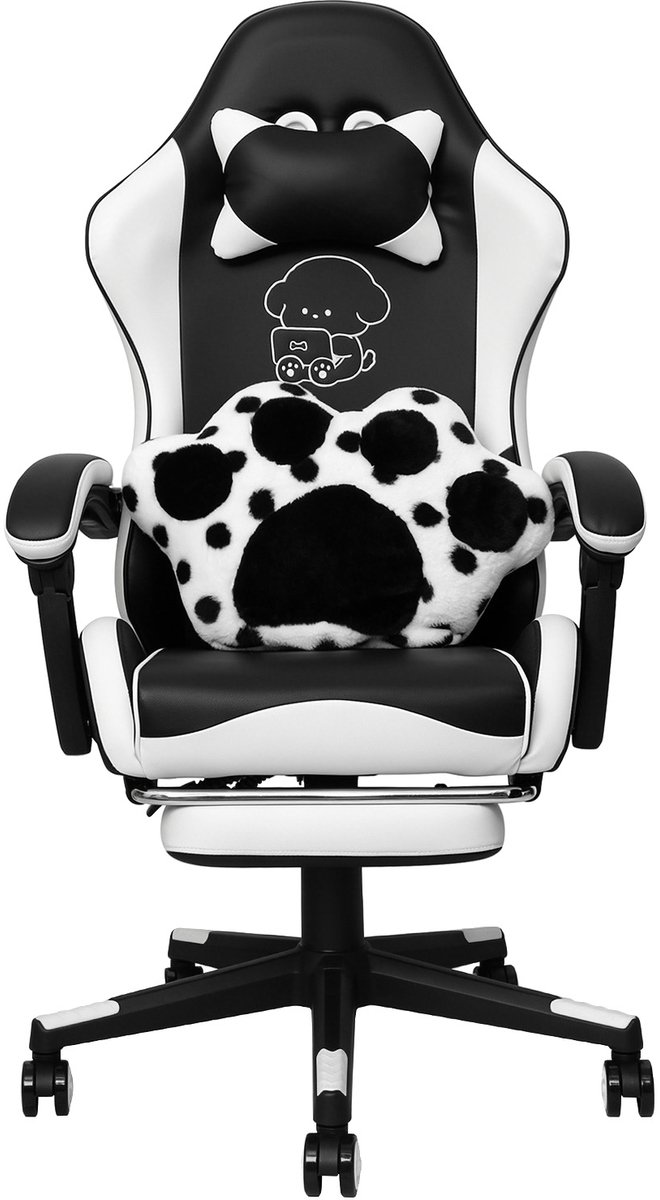 Puluomis - Gaming stoel - Bureaustoel - Hoogte verstelbaar - 90°-135° kantelbaar - Kunstleer - Schattige hondenstijl - Zwart Wit