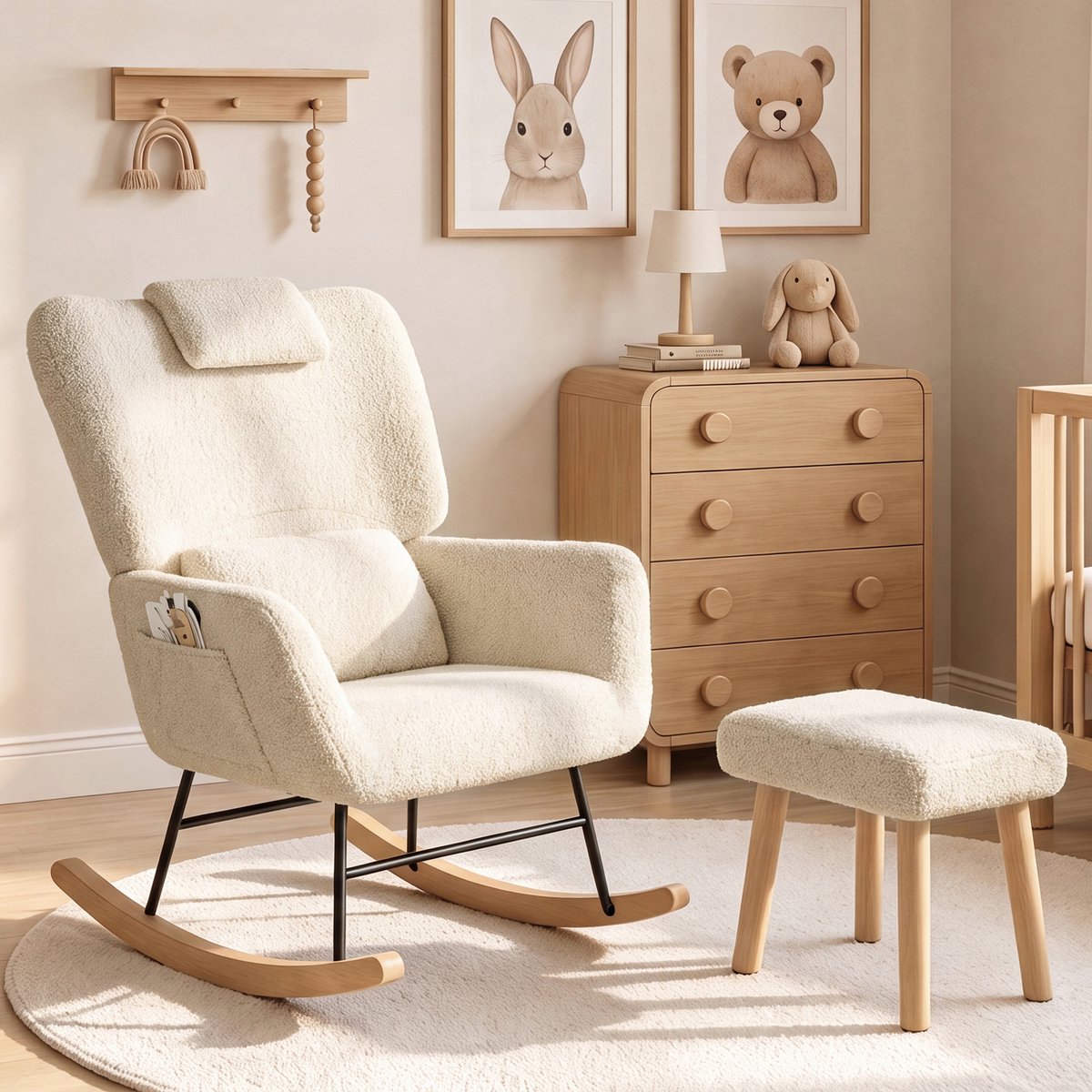 SHOPENTRA Schommelstoel met Hocker Beige – Ergonomische Relaxfauteuil van Teddy Stof met Lendenkussen en Hoofdsteun, Comfortabele Voedingsstoel voor Woonkamer en Slaapkamer