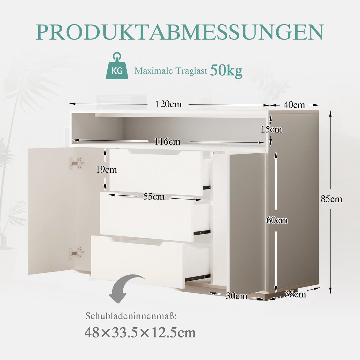 Dressoir Kast Wit - Moderne Opbergkast Met 3 Laden, Deuren En Open Vak