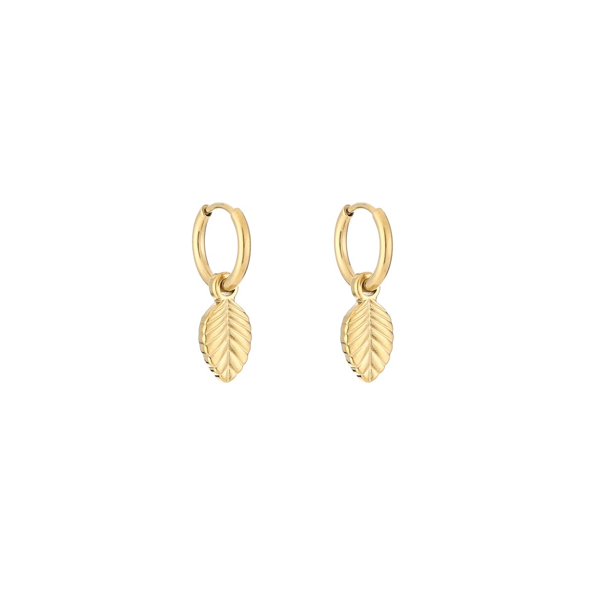 Stainless Steel Textured Leaf Charm Huggie Hoops – Luxe Blad Oorringen – RVS - Goud