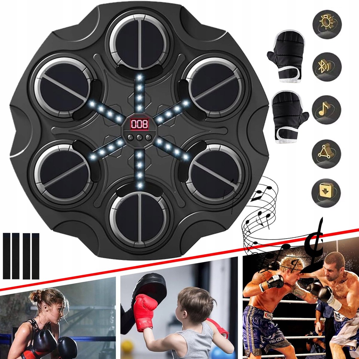 Boksmachine Met Bluetooth-Muziekweergave 3 Snelheden 3 Standen Zeer Elastische Spons - Synchronisatielampjes Zuignap Scoreteller - Voor Thuisgym En Stressvermindering - Zwart