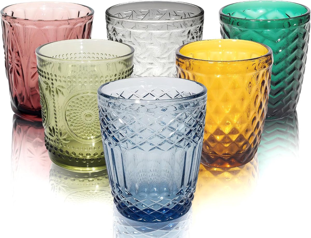 SnelShoppen - Set van 6 Gekleurde Drinkglazen - Vintage Diamant-Design Dikwandige Vaatwasserbestendige Sapglazen - 265-300ml - Perfect voor Feest, Cam