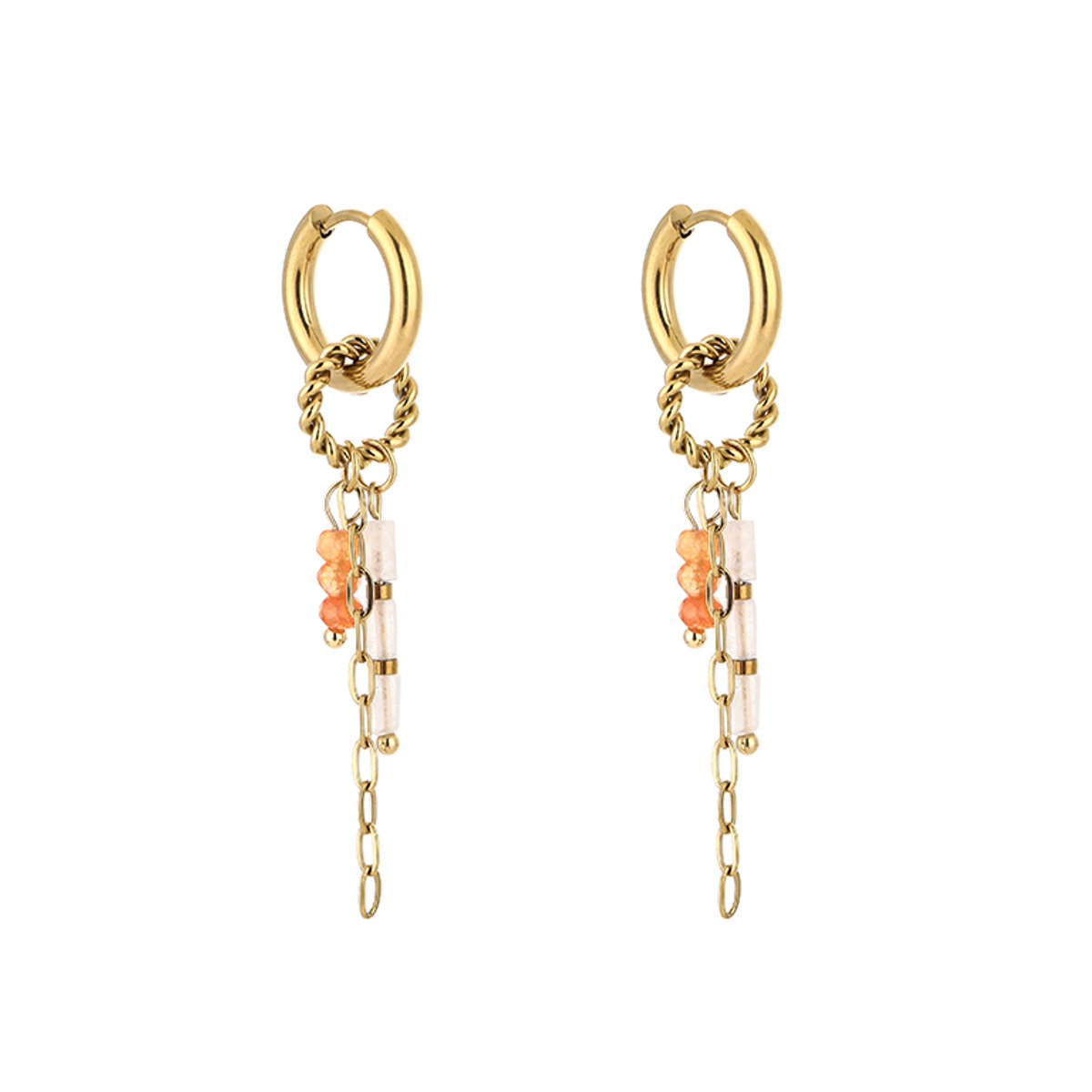 Stainless Steel Beaded Chain Drop Huggie Hoops – Luxe Bedel Oorringen – RVS - Goud