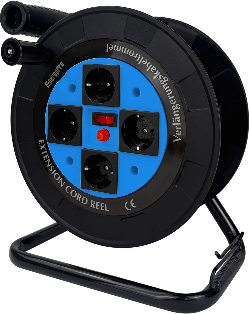 SnelShoppen - EnergyPro DL616B-EU Kabelhaspel EX, Lege 4-voudige Apparatenhaspel, IP44 Waterdichte Kabelhaspel, Blauw voor Tuin, Camping, Feest en Bin