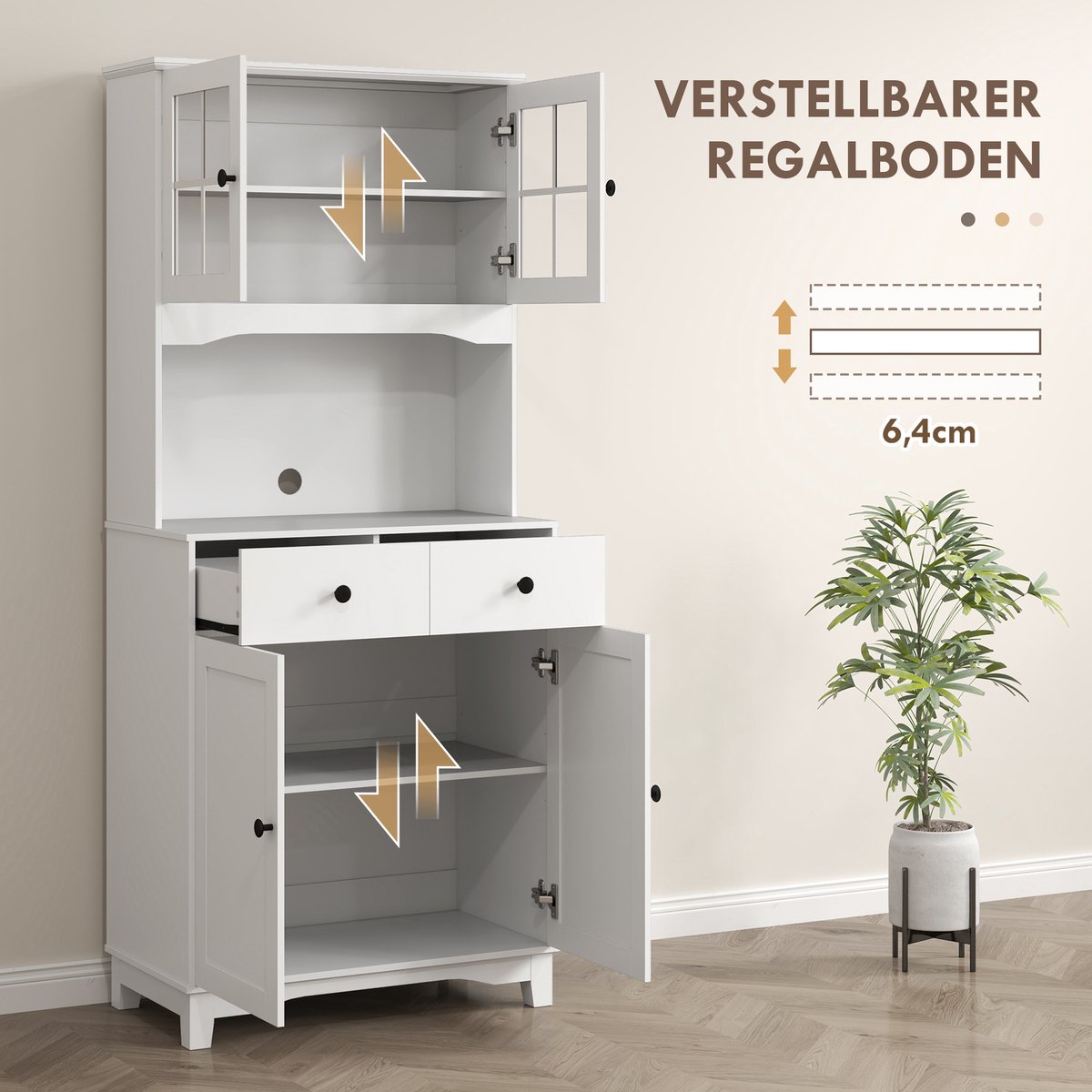 Vrijstaande keukenkast met werkblad voor magnetron, koffiezetapparaat, kasten, glazen deuren, wit — cadeau in Cadeau-ideeën - foto 8