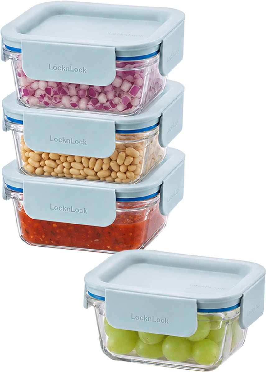 Lock&Lock Glazen (mini) Vershoudbakjes - Meal prep bakjes glas - Ovenschaaltjes met deksel - 160 ml - Mint deksel - Luchtdicht - BPA vrij - PFAS vrij - Airfryer bakjes - Bewaarbakjes - Vershoudbakjes glas - 1 persoons ovenschaal - Set van 4 stuks