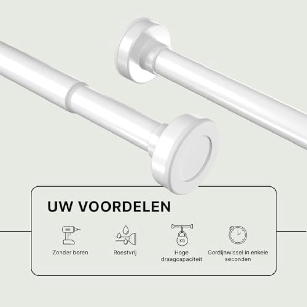 Huis Geluk Uitschuifbare Douchegordijnstang Zonder Boren 110-200 cm, Telescopische Metalen Spanstang, Ø25 mm, Wit