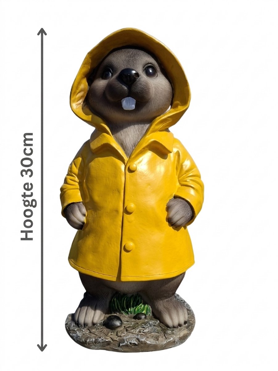 Schattige Bever / Otter in Gele Regenjas beeld - Decoratiebeeldje van Polystone - 30 cm Hoog - Vrolijk Tuin- en Woonbeeld