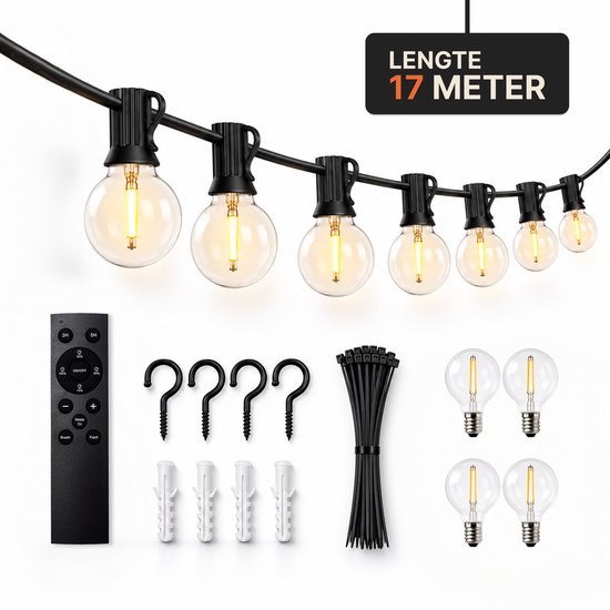 Set van een 17 meter lang lichtsnoer met 32 LED-lampjes, inclusief afstandsbediening, haken, pluggen, kabelbinders en reservelampjes.