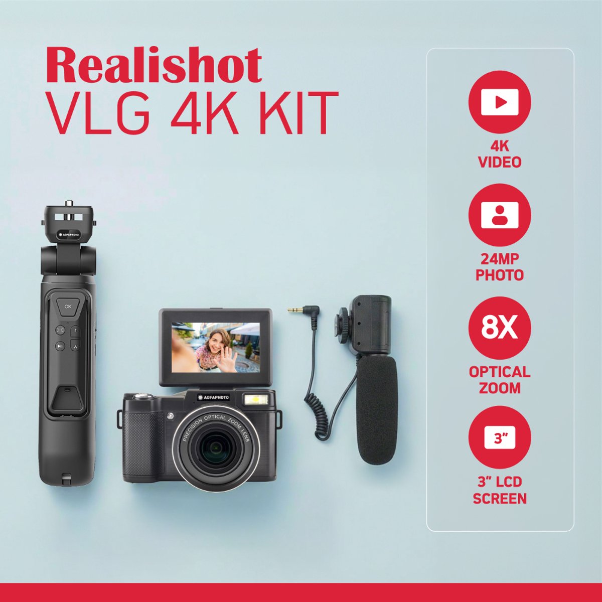 LG AGFAPHOTO Vlogging-set VLG-4K - 4K-camera met 24 MP, 8x optische zoom, 3-inch LCD-scherm, CMOS-sensor, statief, powerbank, microfoon, afstandsbediening, inclusief microSD-kaart van 32 GB, lithiumbatterij thumbnail 4