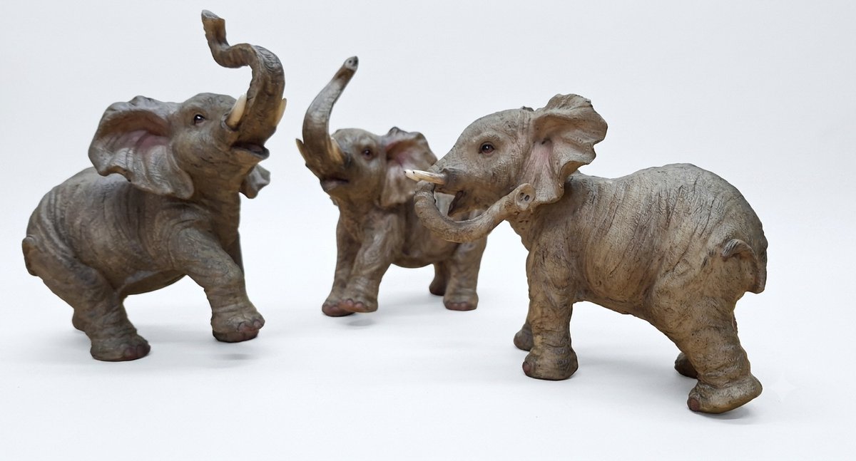 Set van 3 Geluksolifanten met Slurf Omhoog - Polystone Olifant Beeldjes - 16 cm Hoog - Afrikaanse Woondecoratie & Geluksbrenger