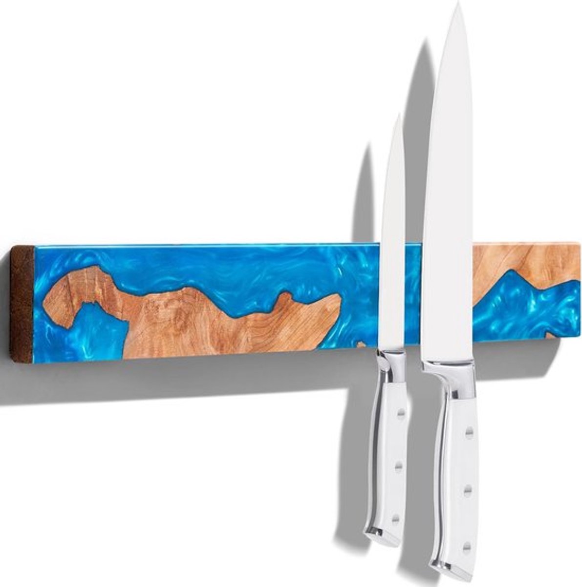 Thijox - Magneetmessenhouder voor aan de muur, 40 cm, van acaciawortelhout met blauwe harscoating, sterke magnetische messenlijst, ruimtebesparend voo