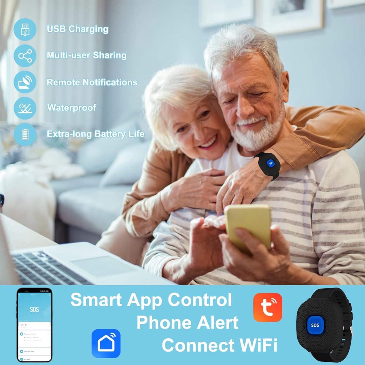 SnelShoppen - WiFi SOS Panic Call Button - Oplaadbare Alarmknop voor Ouderen, Patiënten, Kinderen & Zwangeren - Slimme Alarmwatch Verbonden met Smartp