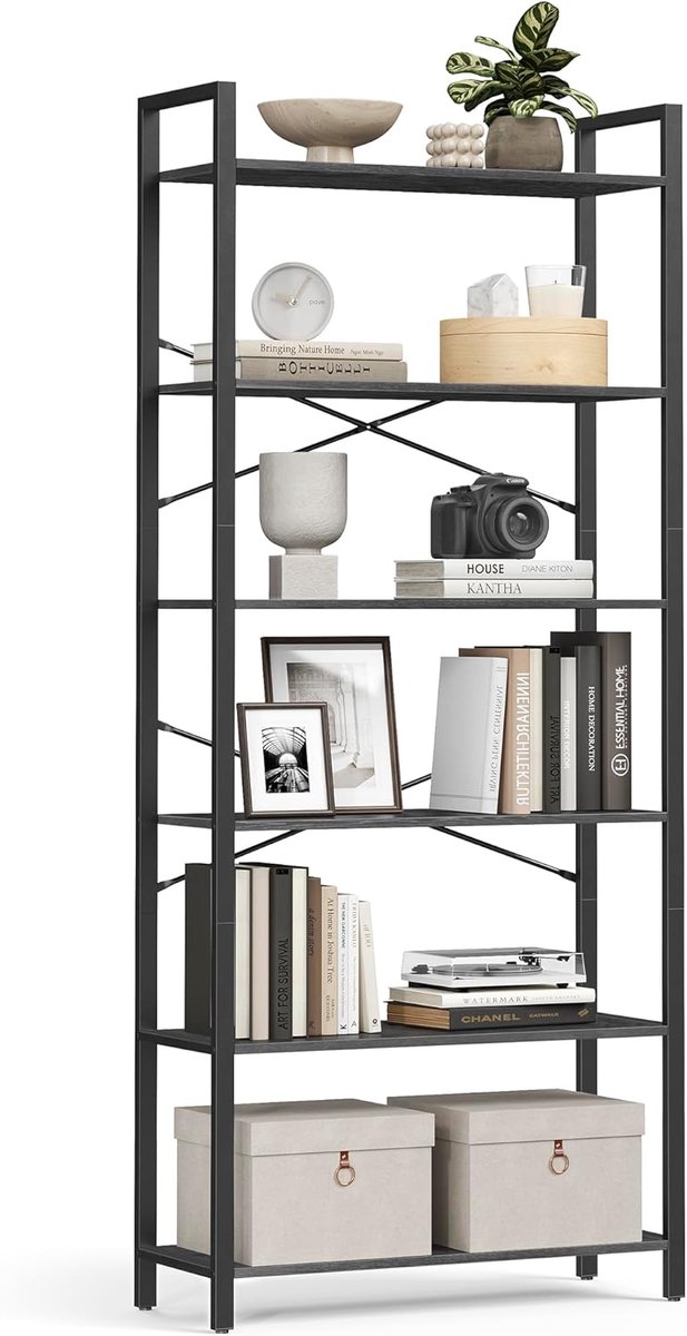 VASAGLE Boekenplank, boekenkast - hoogte 186 cm - 6 niveaus, voor kantoor, studeerkamer, woonkamer, slaapkamer, 30 x 80 x 186 cm, industrieel, ebbenzwart en inktzwart