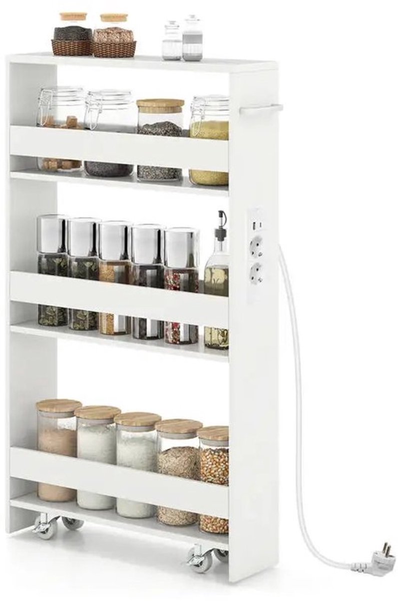 Niche trolley 13 cm breed, 4 lagen, smalle keukentrolley met oplaadstation, nisplank op wielen, wit - AliExpr