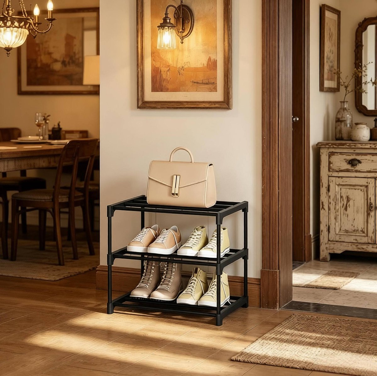 HAUSS SPOLE Schoenenrek – 42 x 30 x 37 cm – 3 Laags Vrijstaand Ontwerp – Metaal – Zwart – Voor 6 Paar Schoenen En Hoge Laarzen