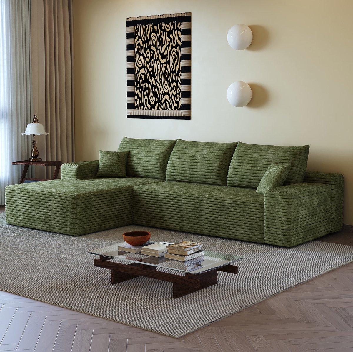 OKWISH Hoekbank 270 cm - Modulaire L-Vorm Met Chaise Longue En Diepe Zit - Voor Woonkamer Of Slaapkamer - Corduroy Stof - Groen