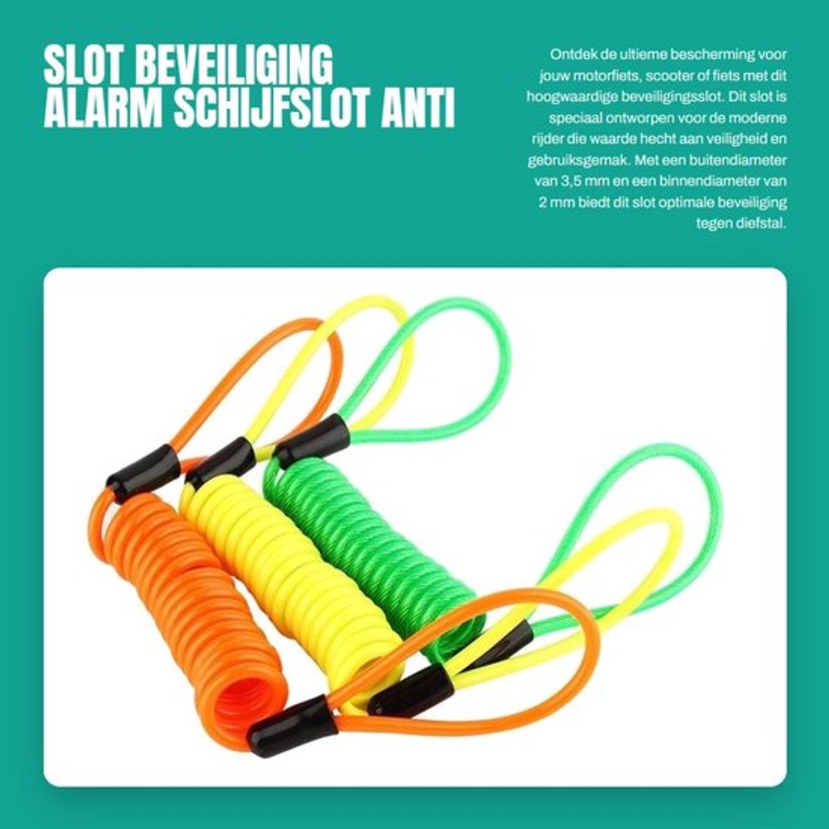 Schijfslot Beveiliging - Alarmfunctie - Staalkabel 1,2M - PVC/Legering - Buitendiameter 3,5mm - Eenvoudig te monteren - Beveiligingskabel