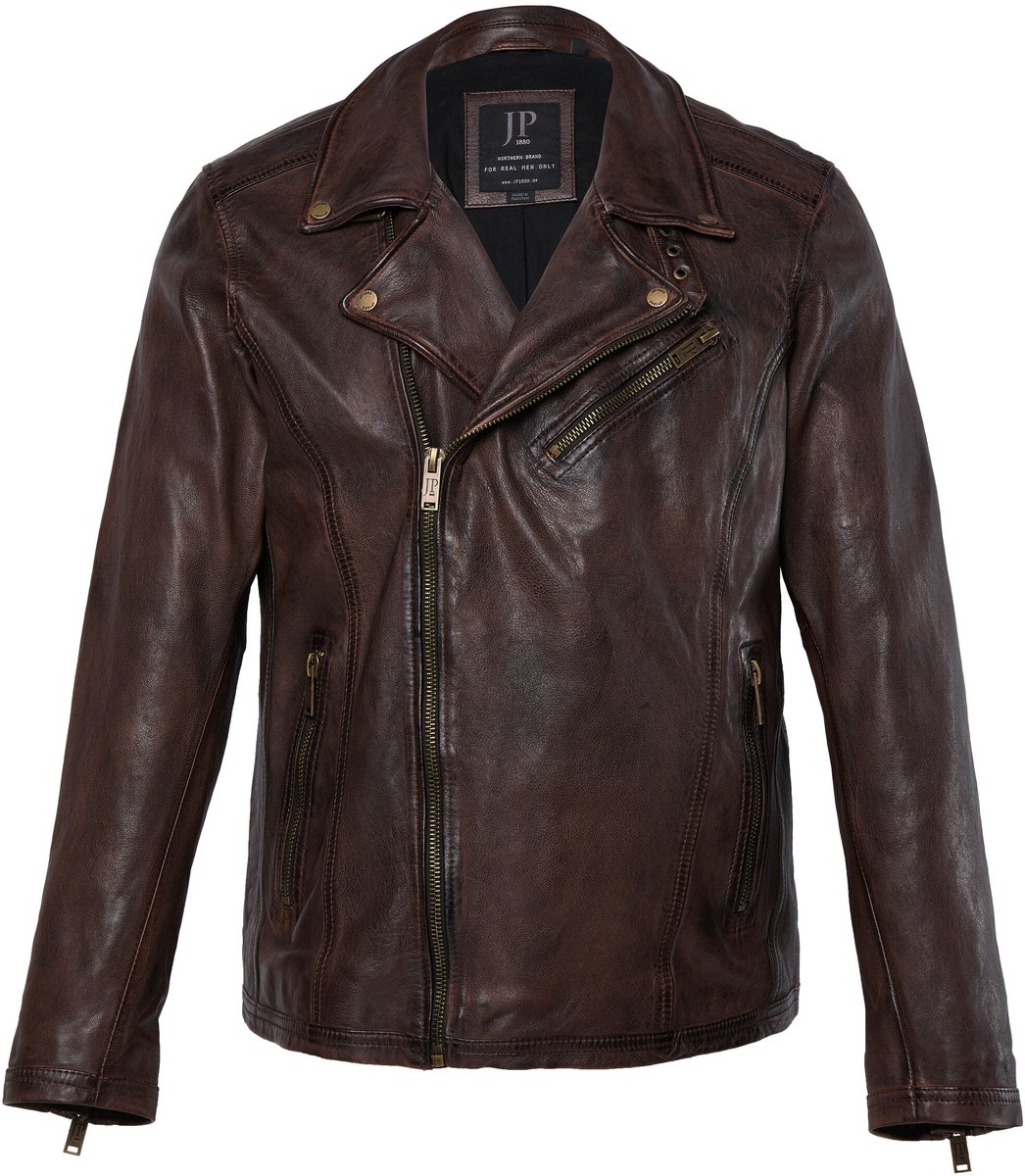 JP 1880 - Heren - Bikerjack leer het fijnste lamsnappa - Hazelnoot - Maat 4XL