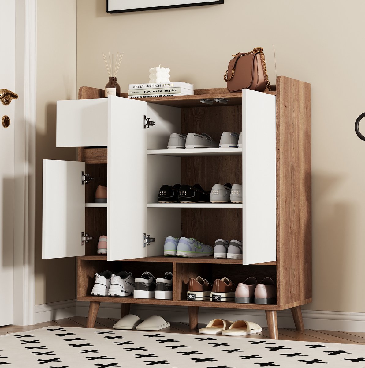 COVREO Schoenenkast 90x35x99 cm - wit en naturel, verstelbare planken, houten poten