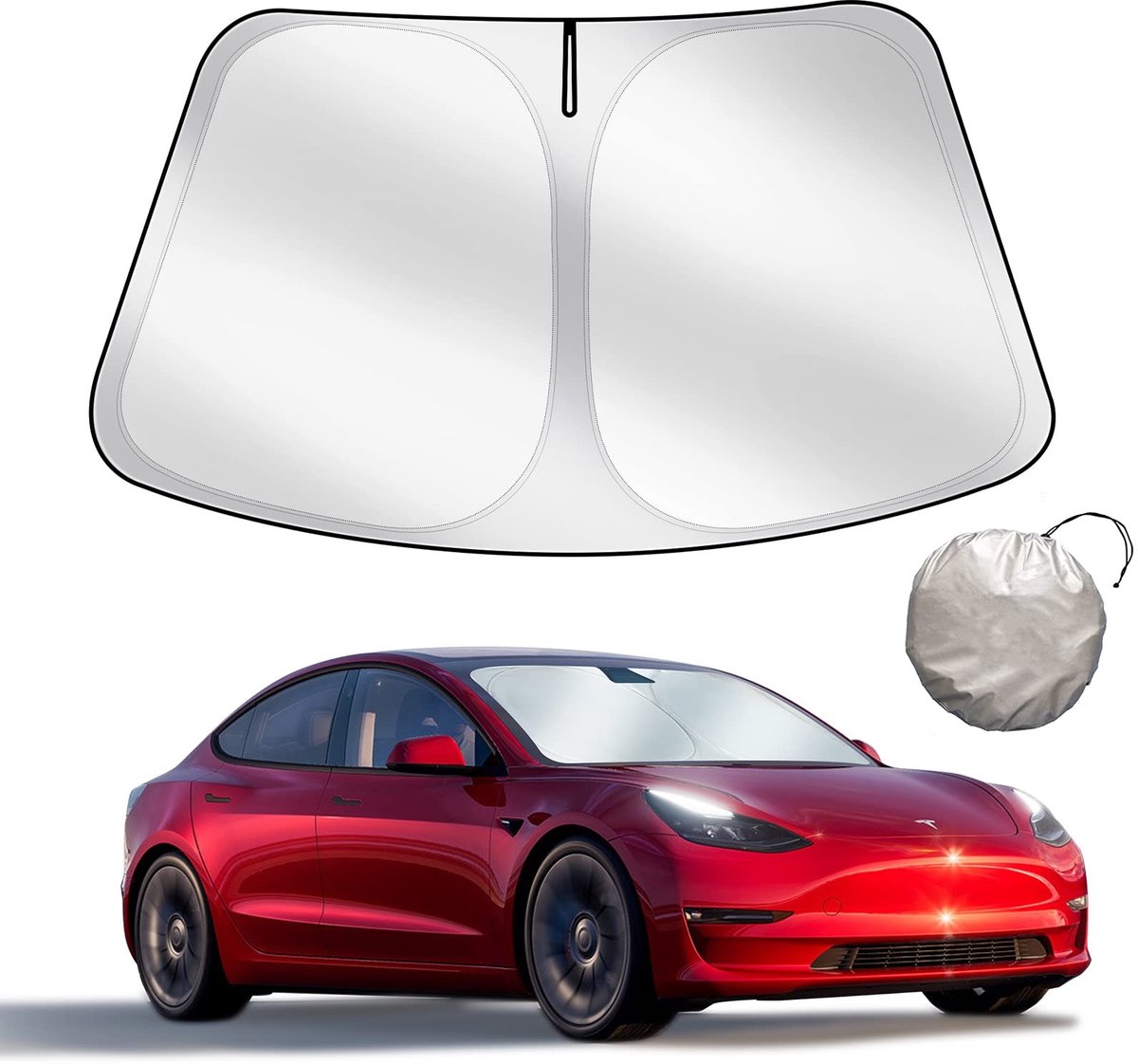 SnelShoppen - Chirano Zonnescherm Tesla Model 3/Y - Dubbellaags Lichtblokkerende Stof - Opvouwbaar Voorruit Zonnescherm met Opbergtas - Perfect voor A