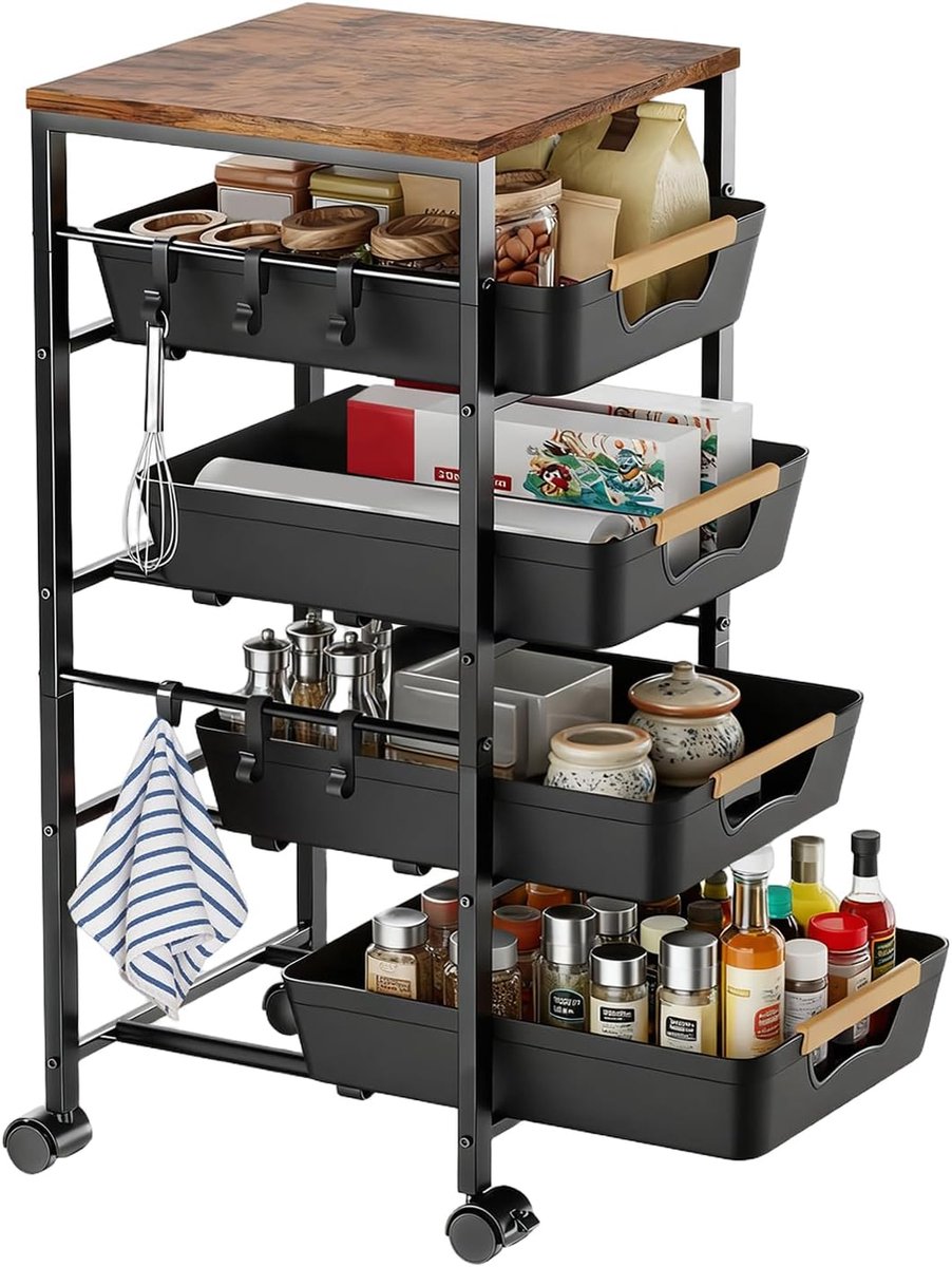 SnelShoppen - Keukentrolley met 5 Planken & 4 Laden - Houten Plank - Geventileerde Manden - 360° Wielen met 2 Remmen - Ideaal voor Keuken & Woonkamer