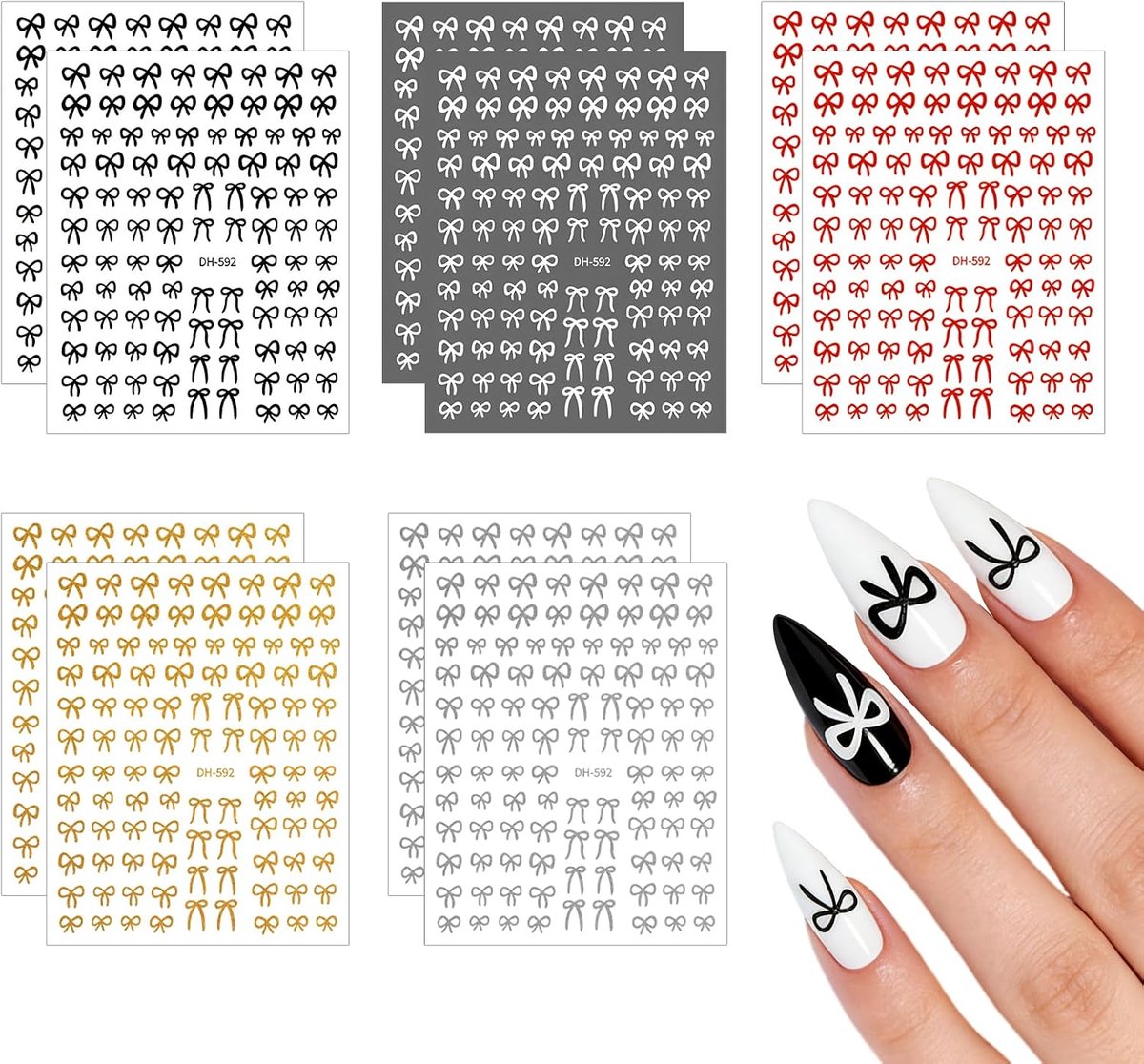 SnelShoppen - 10 Bladen 3D Nagelstickers voor Nail Art, Zelfklevende PVC Stickers, Wit Zwart Roze Goud Zilver, Creatieve Nageldesigns voor Feest en Da