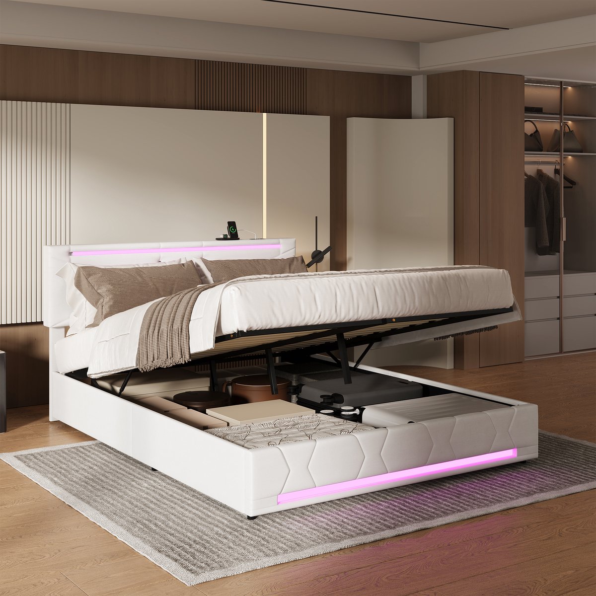 Tweepersoonsbed 140x200 cm, volwassen opbergbed met gasveer, led verlichting aan hoofd- en voeteneinde, verstelbaar hoofdbord, linnen bedframe beige, zonder matras