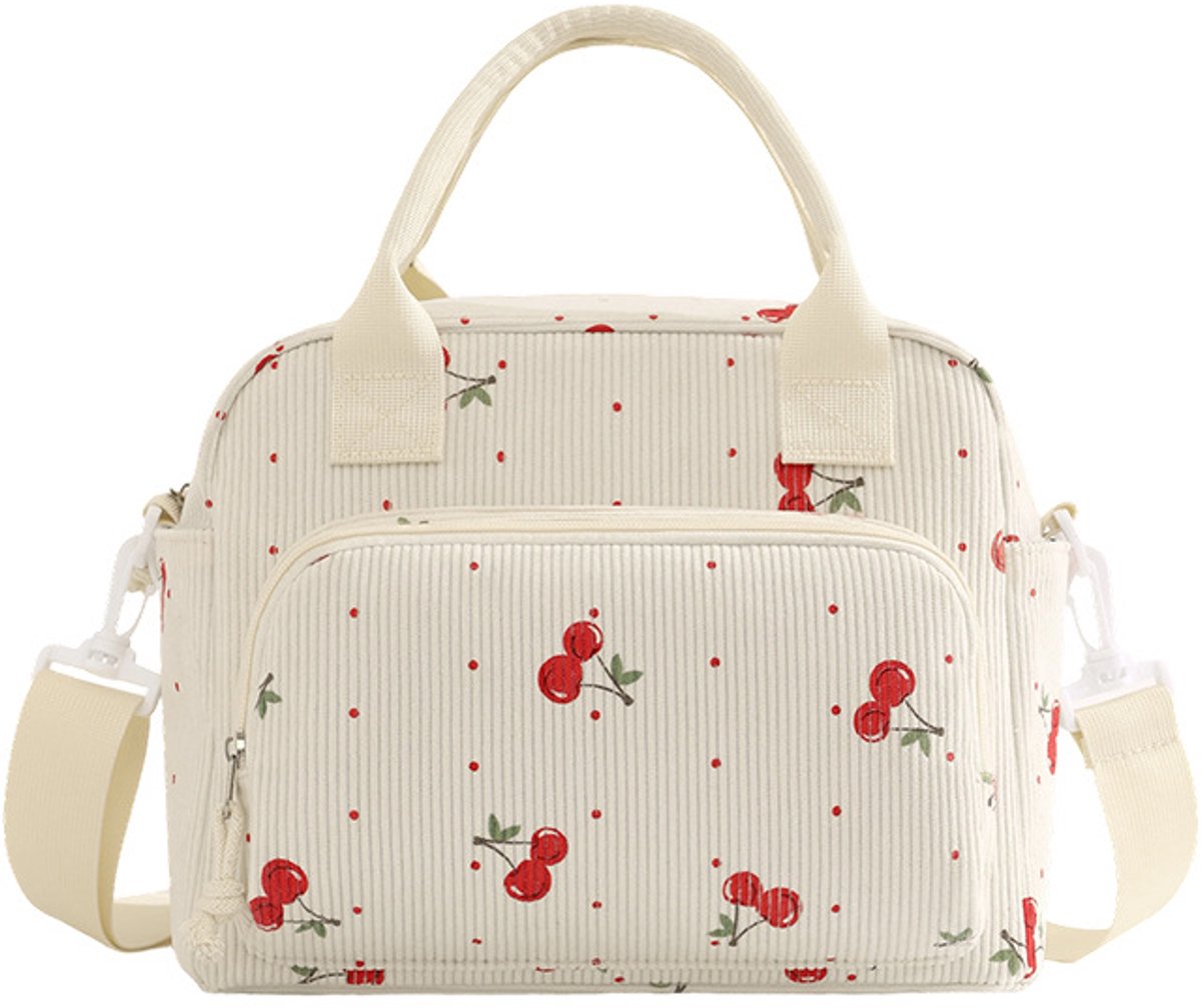 VHV-Lunchtas voor Dames - Stijlvolle Corduroy Koeltas met Bekerhouder en Schouderband - Herbruikbare Isolatietas voor Werk, School en Picknick - Kersrood