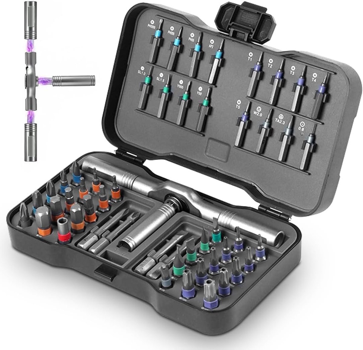 Complete 50-in-1 ratelschroevendraaierset met magnetische S2-stalen bits en afneembare T-greep voor precisiewerk, meubelschroeven en fietsgereedschap