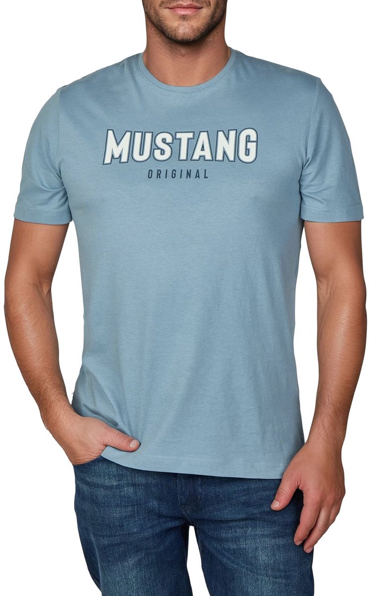 Mustang Heren T-Shirt Basic Print Tee regular fit Blauw L Ronde Hals Volwassenen Opdruk Print Shirts