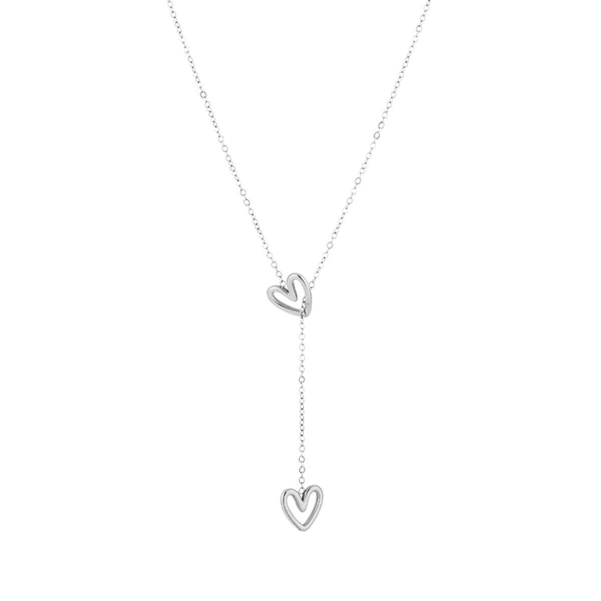 Modieuze Roestvrij Stalen Ketting - Y-Vormige Ketting met Tijdloze Open Hart Bedels - Stainless Steel Sieraad - Zilver