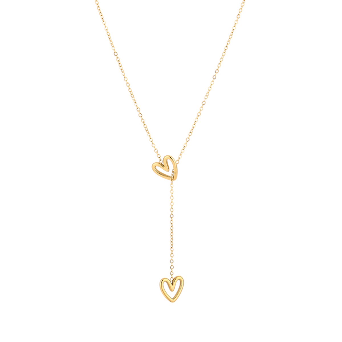 Modieuze Roestvrij Stalen Ketting - Y-Vormige Ketting met Tijdloze Open Hart Bedels - Stainless Steel Sieraad - Goud