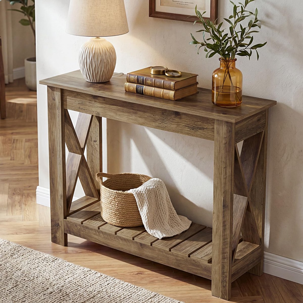 LITTLE TREE Consoletafel - Sidetable - Houtlook - Rustiek - Boerderijstijl - 100 x 30 x 80 cm - Smalle ingangstafel voor kleine ruimtes, hal en woonkamer achter de bank