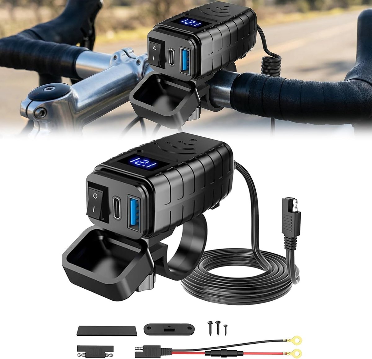 Waterdichte 12V-USB-aansluiting voor motorfietsen: QC3.0 USB- & PD Type-C-oplader met voltmeter en aan/uit-schakelaar – Geschikt voor 12V-24V-auto's, campers, voertuigen en boten