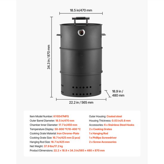 Rookoven, 470mm, Houtskoolbarbecue met Gecoat Stalen Vat, Voorzien van 2 Grillroosters, Ophangstang, 6 Haken en Thermometer, Perfect voor Tuinfeesten en Terrasgebruik — afbeelding 3