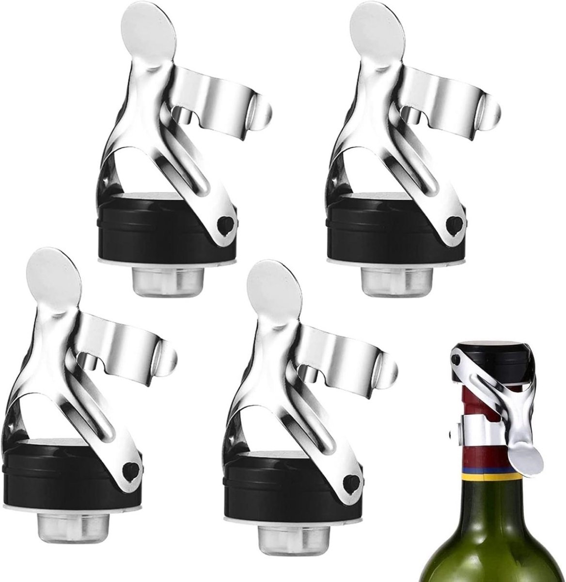 GELLDG Flessenstop met hefboommechanisme – 4-delige set – Vacuümstop geschikt voor mousserende wijn/champagne – Stop geschikt voor mousserende wijn – Universele flessenstop – Champagne-stop van roestvrij staal