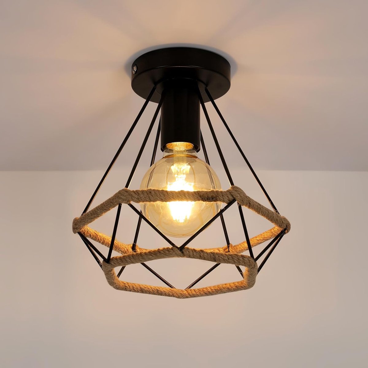 Riserva Industriële Plafondlamp - E27 Fitting - Zwart met Touw - Vintage Plafondlamp - Max. 60W - voor Woonkamer, Hal en Keuken