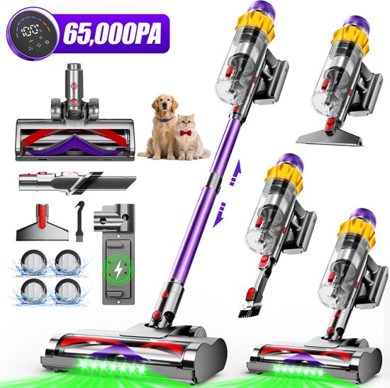 Paarse steelstofzuiger met accessoires en 65.000 PA zuigkracht, met een hond en kat.