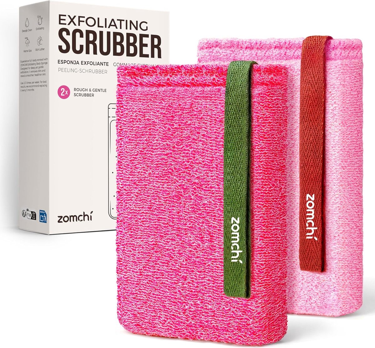 SnelShoppen - ZOMCHI Body Scrubber 2-Pack - Exfoliërende Spons - Diepe en Zachte Scrub voor Dames en Heren - Verwijdert Dode Huidcellen - Roze - Ideaa