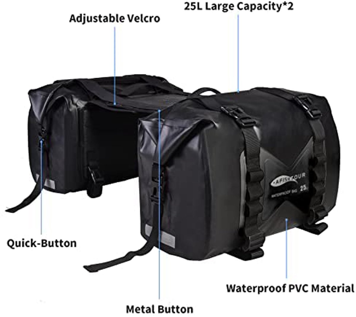 SnelShoppen - Waterdichte Motorzadeltassen 50L - Motorfiets Bagagetassen - Afneembare Tassen voor Scooter, Honda, Suzuki, Yamaha - Zwart, 2 Stuks