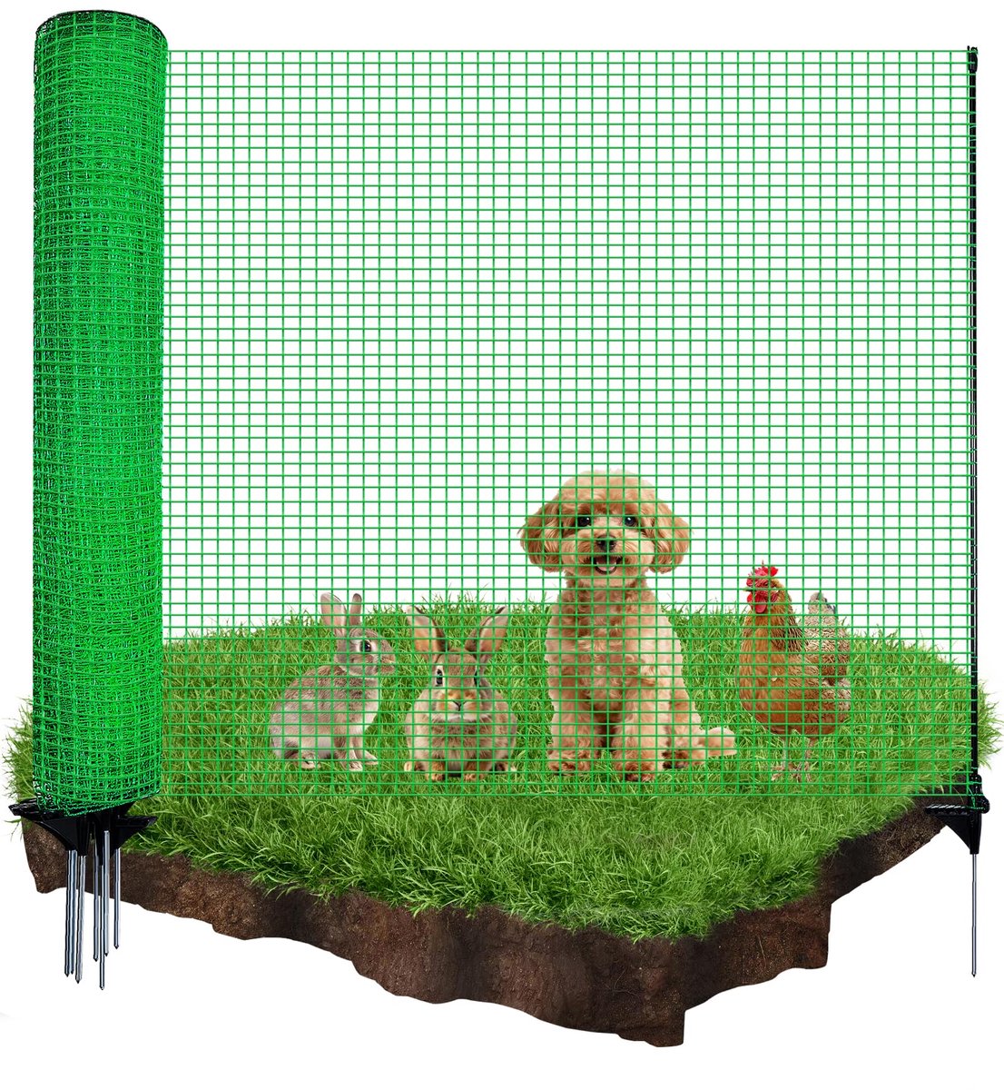 SnelShoppen - Mobiel Begrenzingshek Zonder Stroom, 90 cm Hoog, 15 m Tuinnet met 9 Geïntegreerde Palen, Fijnmazig Insteekhek voor Tuin, Camping, Honden