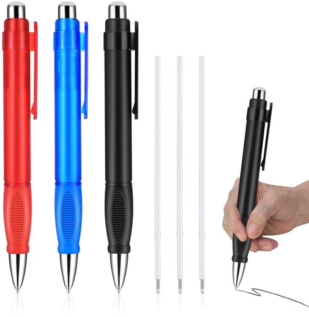 Amabro 3 stuks ergonomische balpennen met 3 navullingen, extra grote balpen, gemakkelijk vast te pakken jumbo pen, inkt verzwaarde pennen voor ouderen en mannen