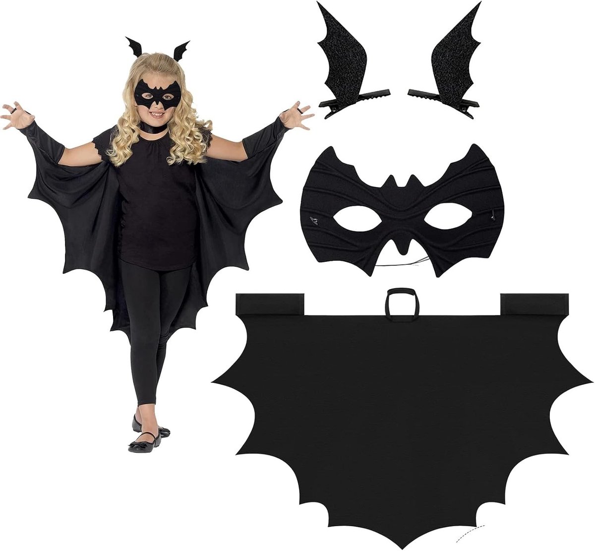 Halloween Vleermuis Kostuum voor Kinderen met Vleermuismasker en 2 Vleermuisvleugels Haarspelden - Perfect voor Halloween en Cosplay Feesten
